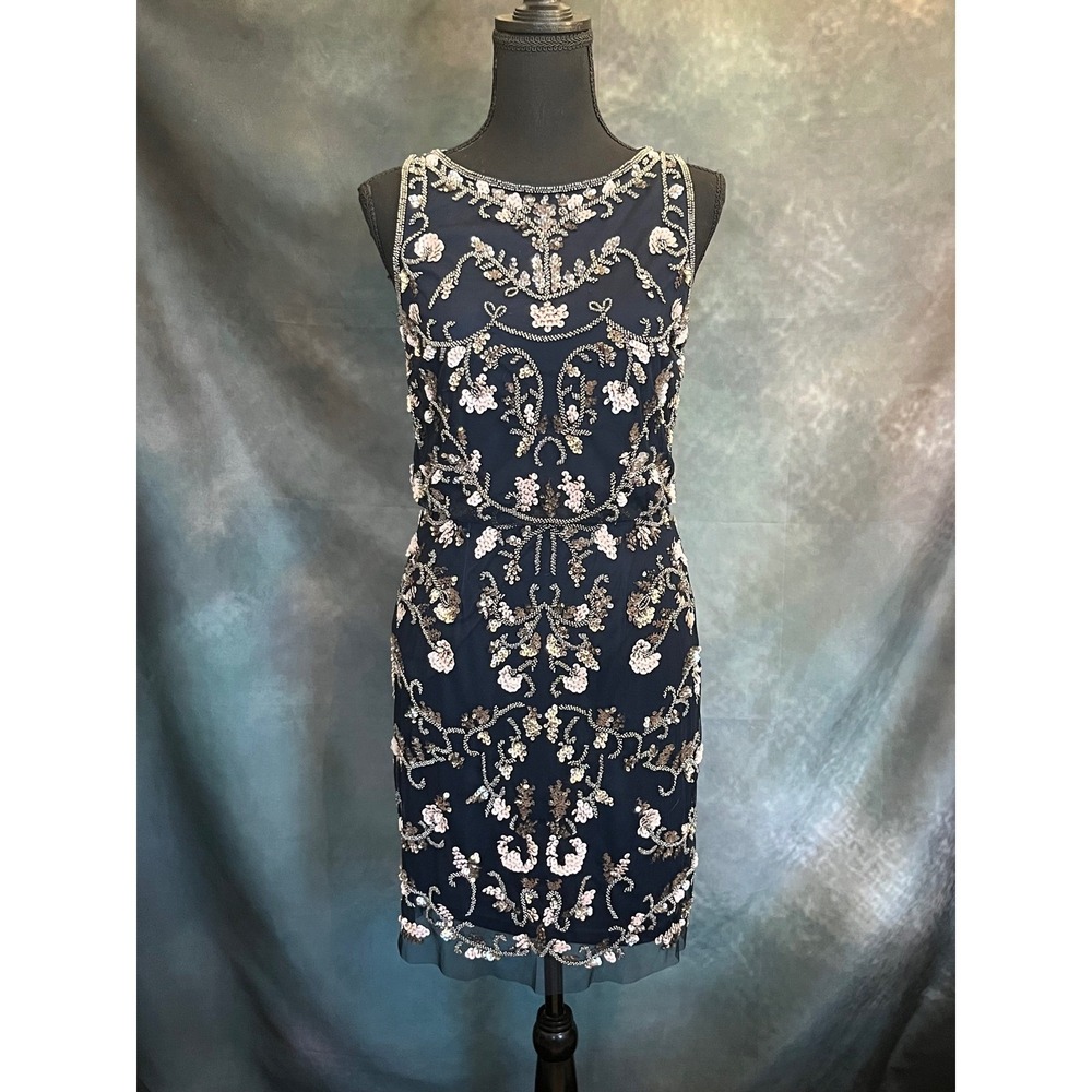 Adrianna Papell Navy Blue Sleeveless Beaded Sequin Sheath Dress Size‎ 4